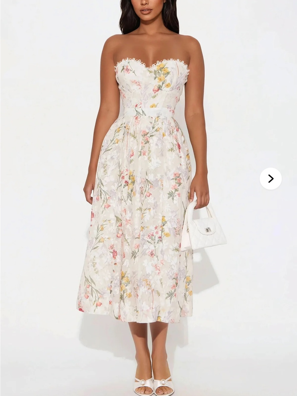 Fashion Nova White Strapless Floral Midi Dress